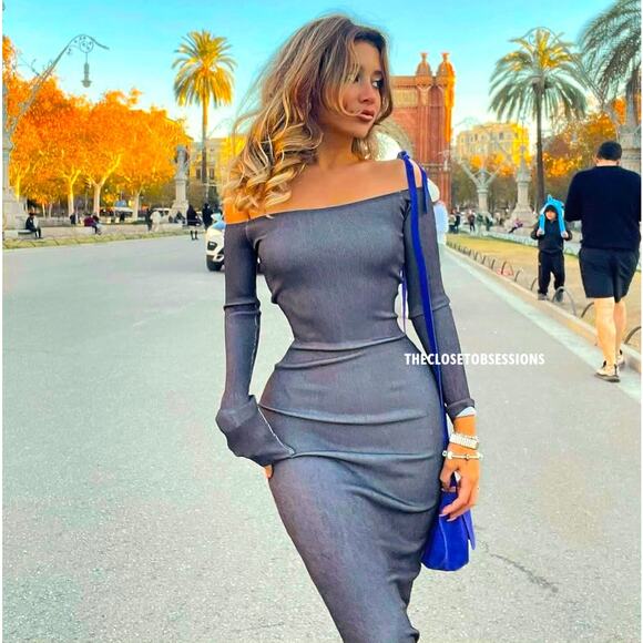 ZARA Off Shoulder Fitted Midi Dress NWT | Grey Ombre | Long Sleeve - Picture 12 of 16